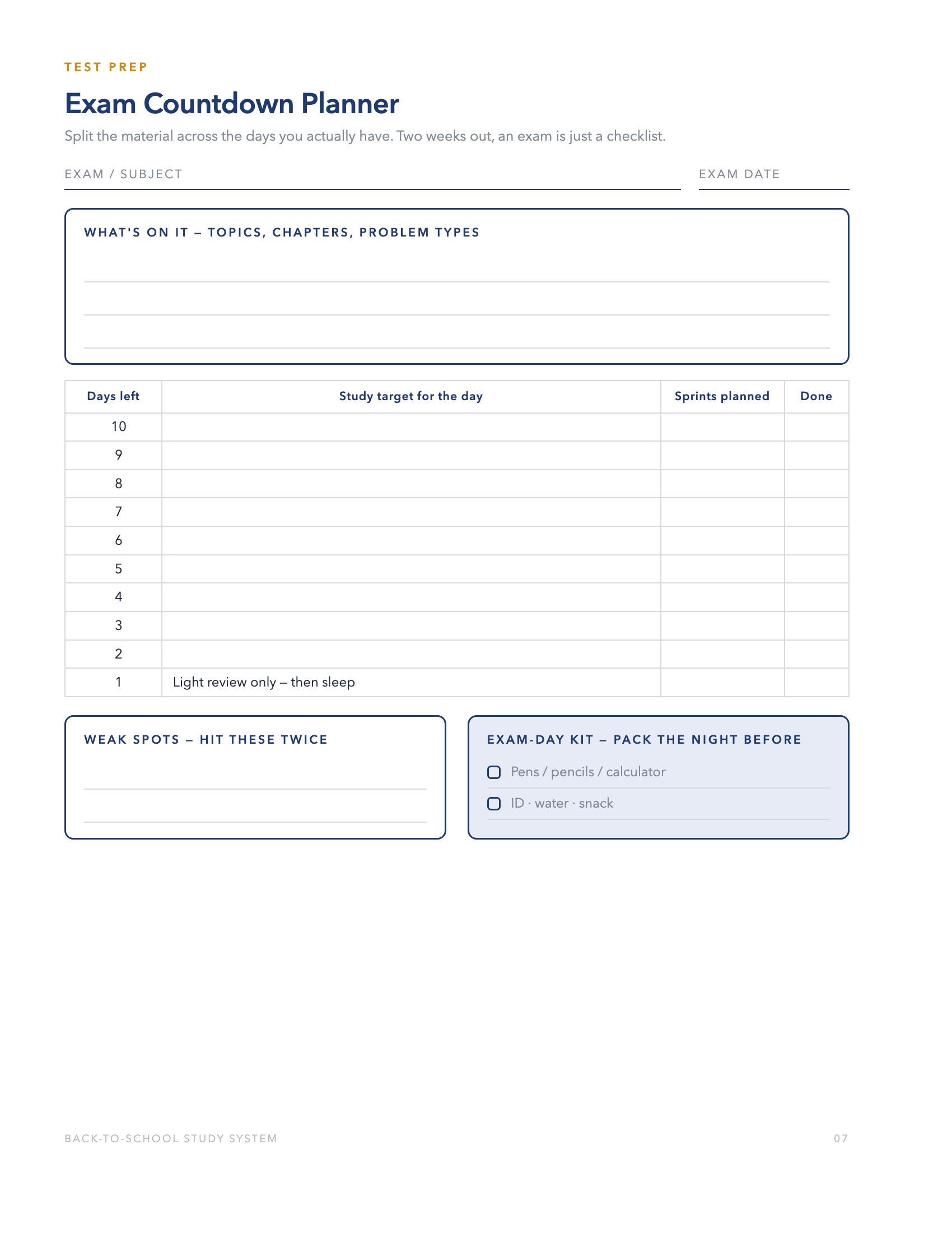Exam Countdown Planner